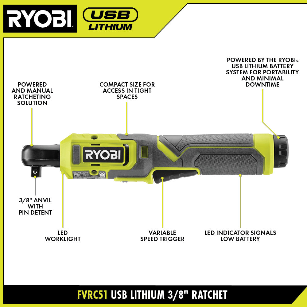 RYOBI USB 鋰電池 3/8"棘輪套裝-新品獨家販售 RYOBI