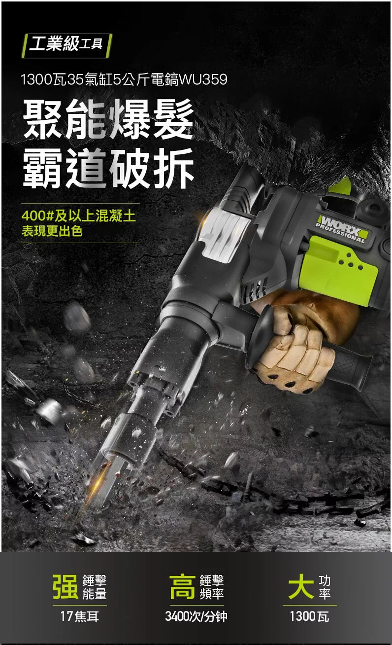 WORX WU359X 1300W 35氣缸 5kg 電鎬（香港行貨） WORX 威克士