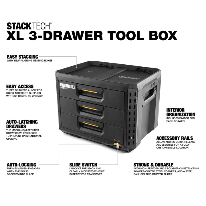 TOUGHBUILT STACKTECH XL 21 英吋滾珠軸承 3 抽屜黑色塑膠工具箱 TOUGHBUILT