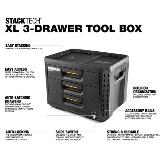 TOUGHBUILT STACKTECH XL 21 英吋滾珠軸承 3 抽屜黑色塑膠工具箱 TOUGHBUILT