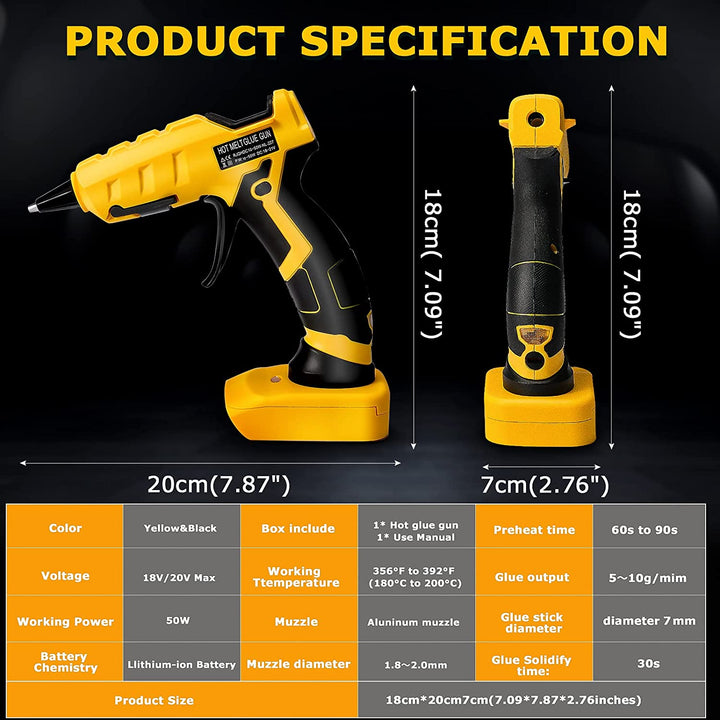 Dewalt得偉充電式熱膠槍，適用於 Dewalt 18/20V Max 鋰離子電池，30 秒快速預熱熱熔膠槍帶 30 根膠棒（7*150 毫米），用於工藝品和 DIY 及維修（僅限工具） 鋰電池接口無線熱膠槍