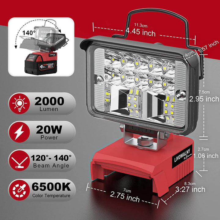 便攜式 LED 工作燈適用於 Milwaukee m18 電池20W 2000LM 無繩泛光燈 m18 燈帶低壓保護和雙USB 新款鋰電池工作燈