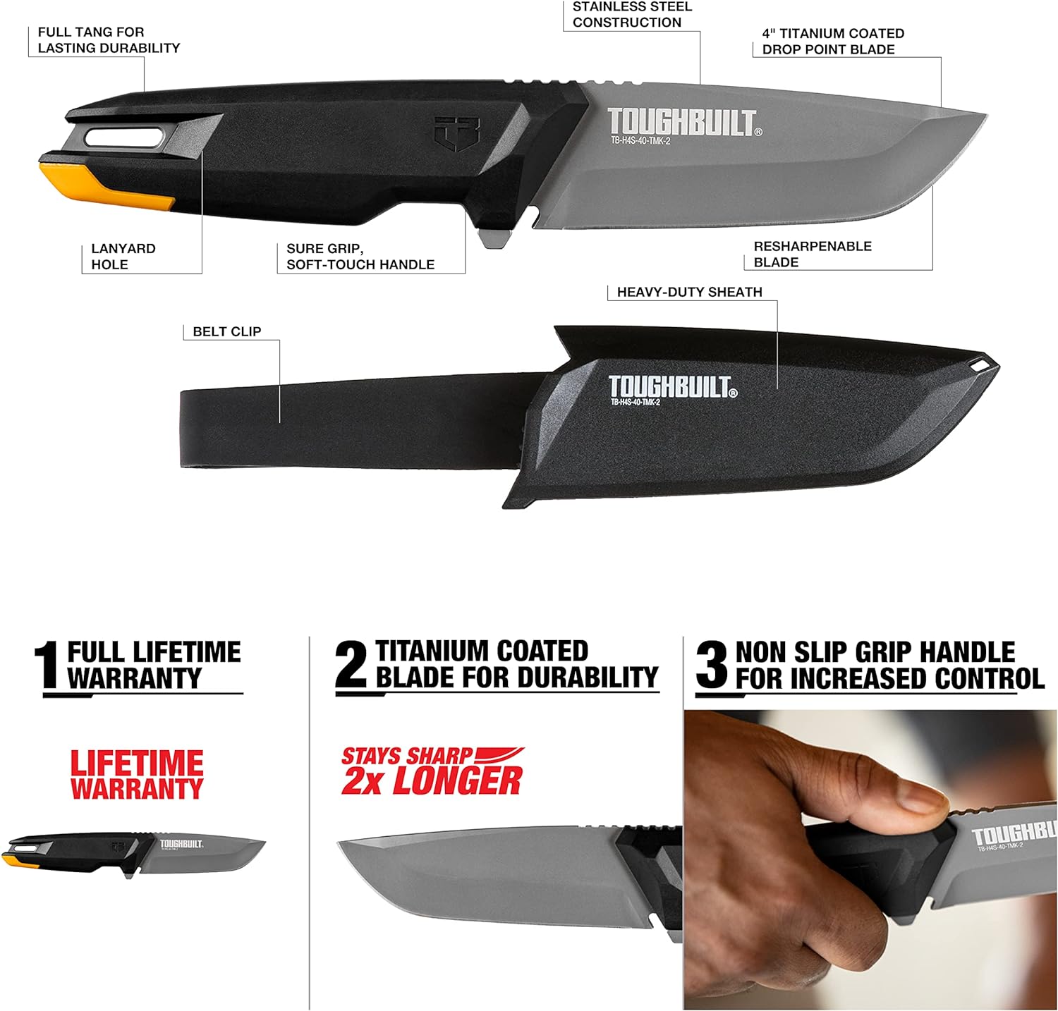 ToughBuilt - 工匠刀 - 帶皮帶夾的重型刀鞘 - 4 英寸鈦水滴頭刀片一把 - (TB-H4S-40-TMK-2) ToughBuilt