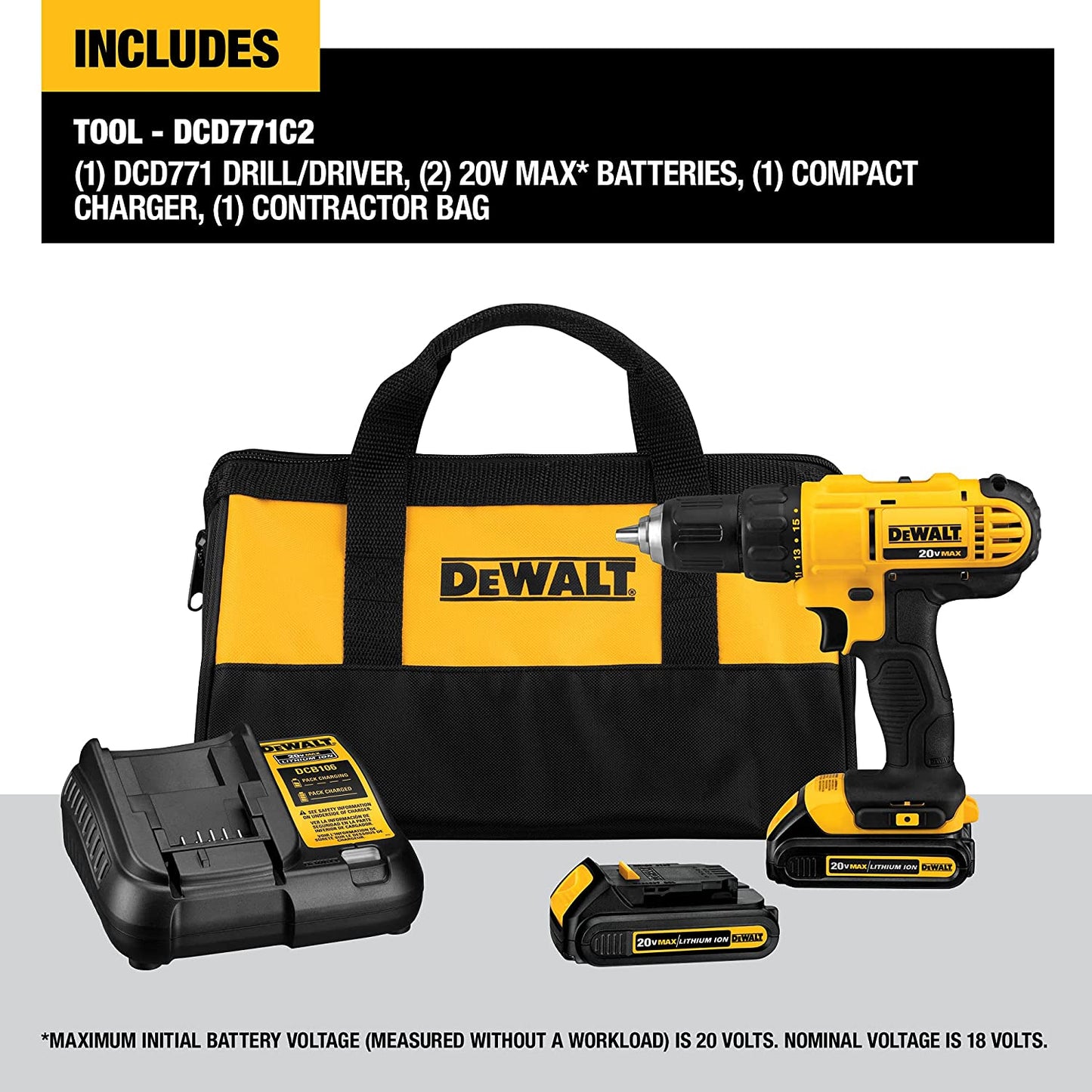 美國DEWALT 20V Max 無線電鑽1.5AH*2套裝,小巧,1/2 英吋(（預購10-15日）) DEWALT得偉（美行）