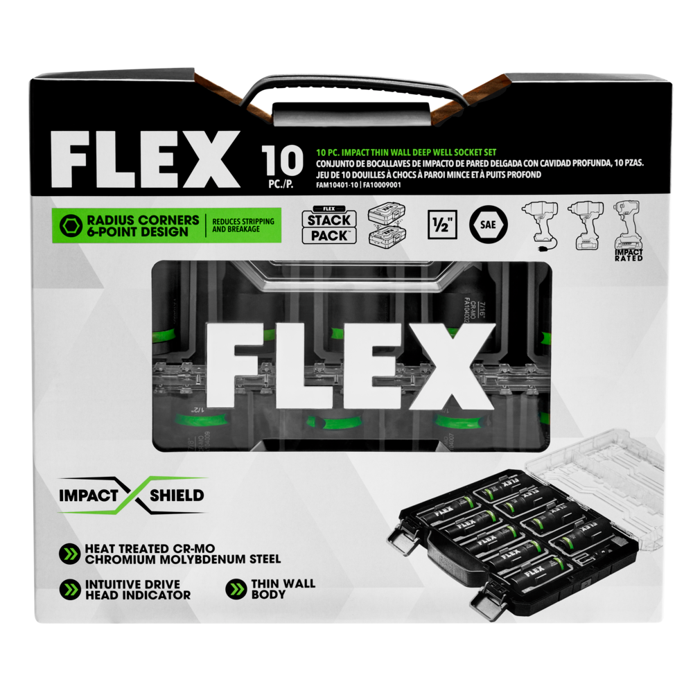 美國FLEX 衝擊螺母套筒組薄壁深井 1/2"  10 件裝 FLEX 24V