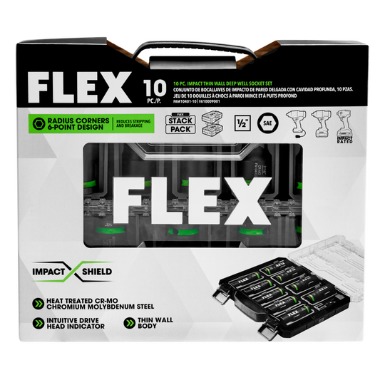 美國FLEX 衝擊螺母套筒組薄壁深井 1/2"  10 件裝 FLEX 24V