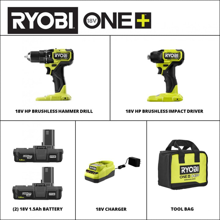 RYOBI 18V ONE+ HP 緊湊型無刷 1.5AH*2工具組合套裝（預購） RYOBI 良明（美行）