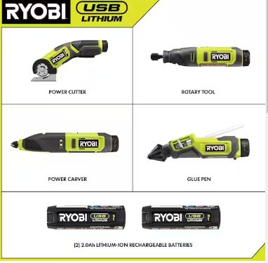 Ryobi  USB 鋰 4 件工具 Hobby 組合4套裝帶刀具、旋轉工具、雕刻機、膠水筆 RYOBI 良明（美行）