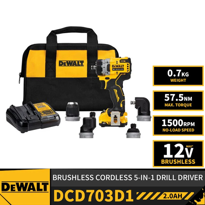 DEWALT DCD703D1 無刷無線緊湊型 5 合 1 電鑽電動螺絲起子 12V 鋰電動工具附電池充電器 DEWALT得偉（美行）