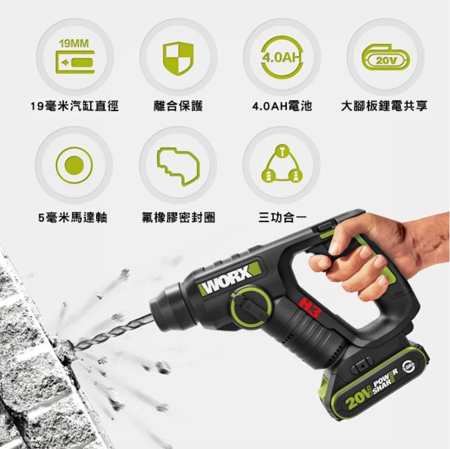 WORX 威克士 - WU938 （WU380S+WU182）20V 無刷兩用油壓鑽+無刷電鑽孖寶套裝帶鑽咀/ 批咀 WORX 威克士