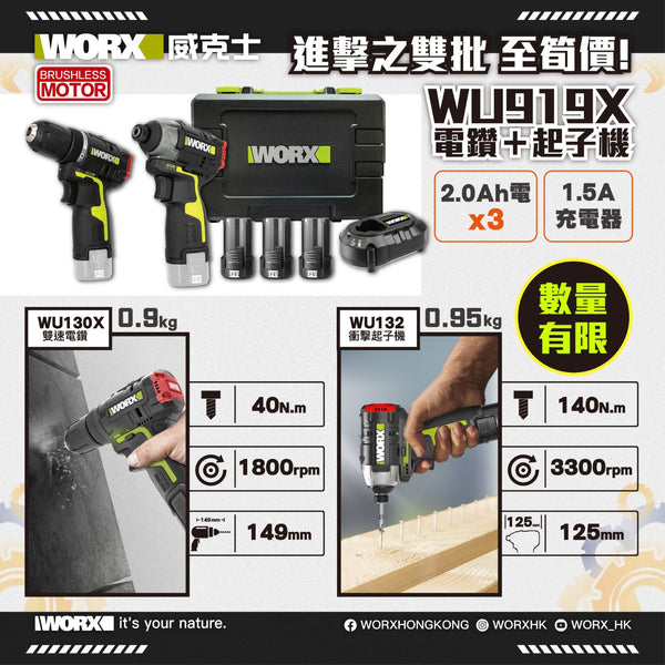 WORX 威克士WU919 12V 無刷雙速電鑽+無刷衝擊起子機套裝 WORX 威克士