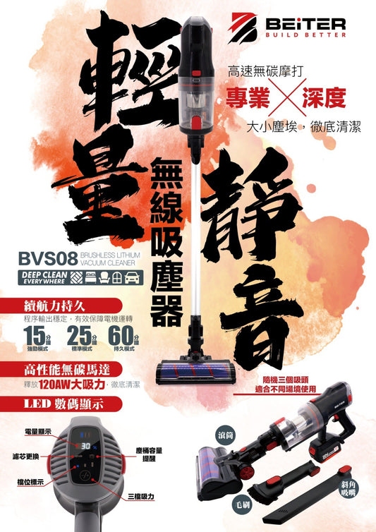 美國 BEITER 無線吸塵機 BVS08 無碳刷摩打 可換電池 家用吸塵機 美國 BEITER