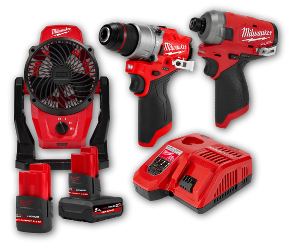 MILWAUKEE M12 裝修熱選三機無碳刷震動電鑽+起子機+M12™ 風扇+2電2.5+5.0AH套裝 MILWAUKEE