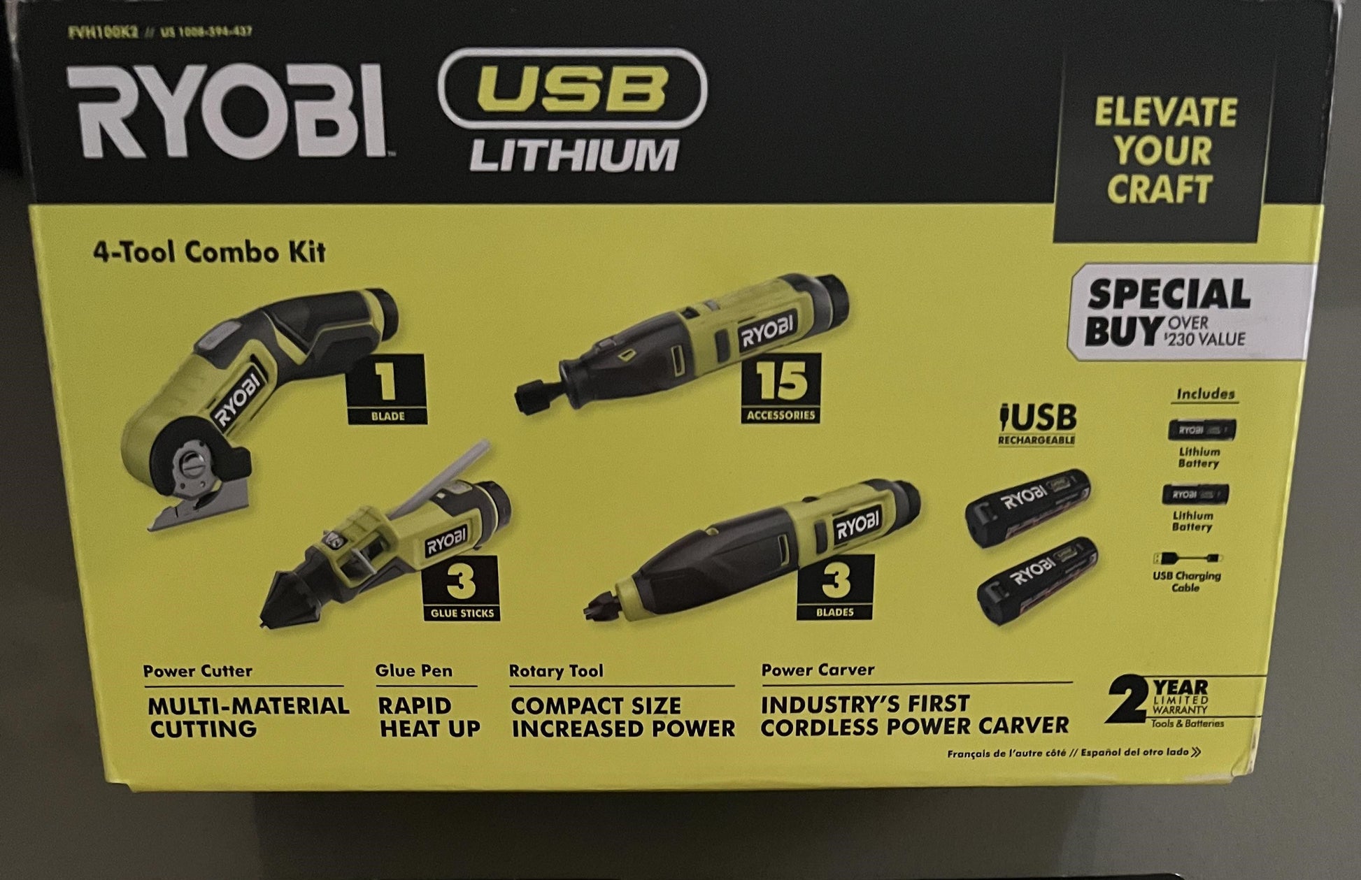 Ryobi  USB 鋰 4 件工具 Hobby 組合4套裝帶刀具、旋轉工具、雕刻機、膠水筆 RYOBI 良明（美行）