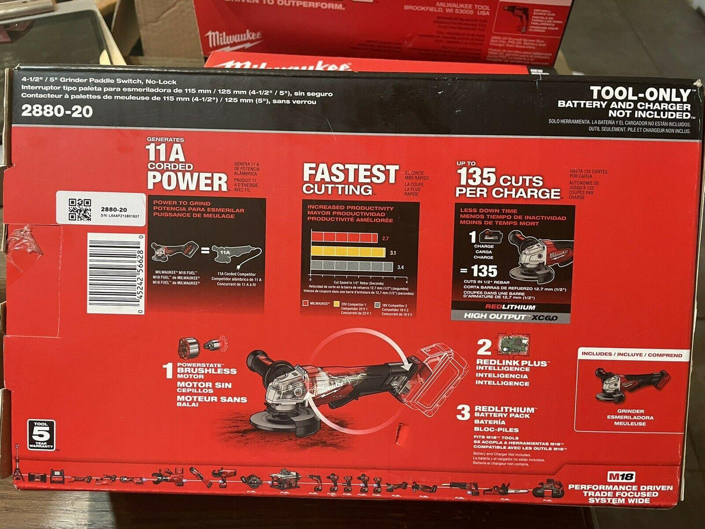 Milwaukee 2880-20 M18 4-1/2"- 5" 磨床槳式開關，無鎖僅工具 MILWAUKEE美沃奇（美行）