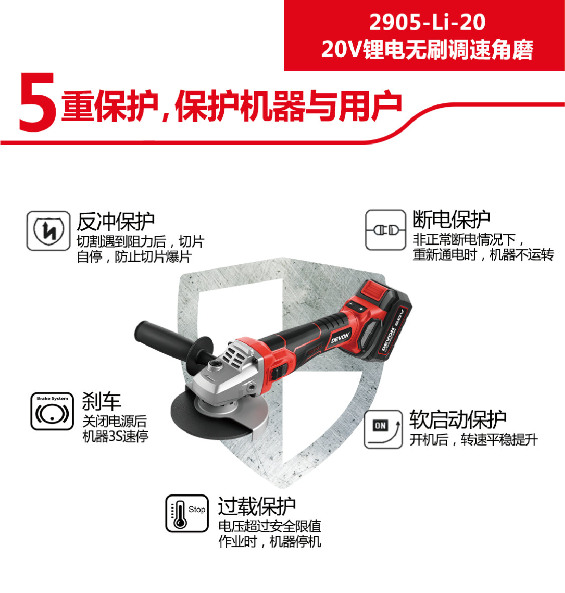 DEVON大有2905-Li-20 20V 125 锂电无刷调速角磨機5寸（淨機）現貨 DEVON