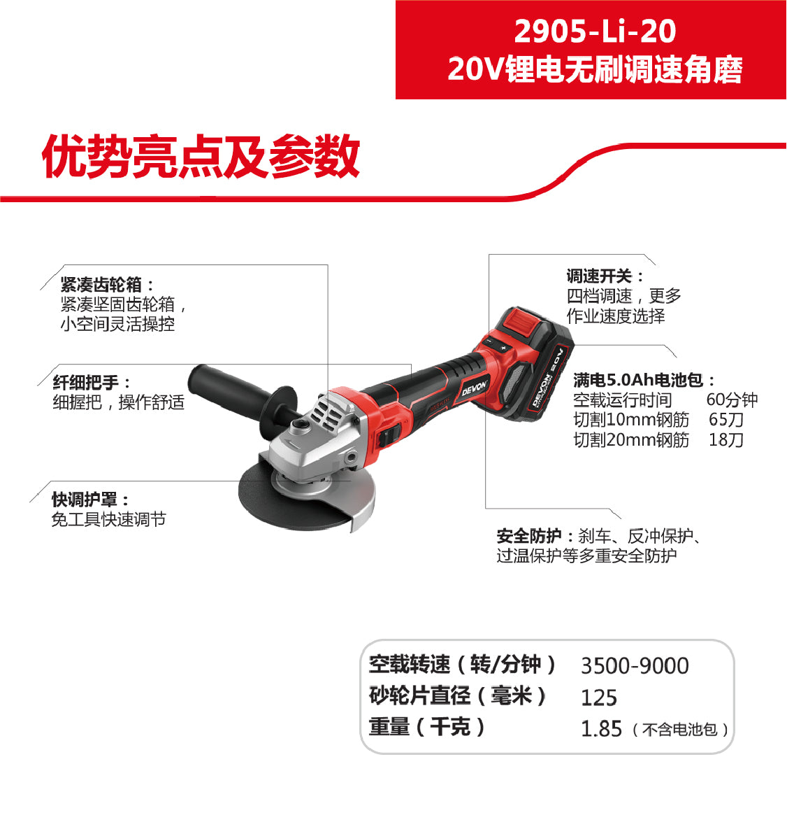 DEVON大有2905-Li-20 20V 125 锂电无刷调速角磨機5寸（淨機）現貨 DEVON