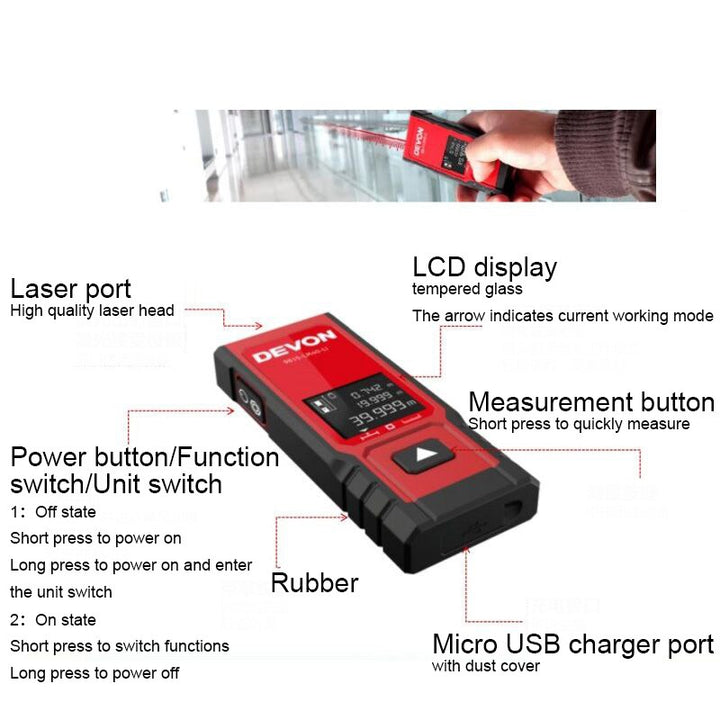 DEVON 激光測距儀 40m 60m 80m USB 充電器 智能數字尺 LCD 顯示屏，用於家具安裝 建築測量 DEVON